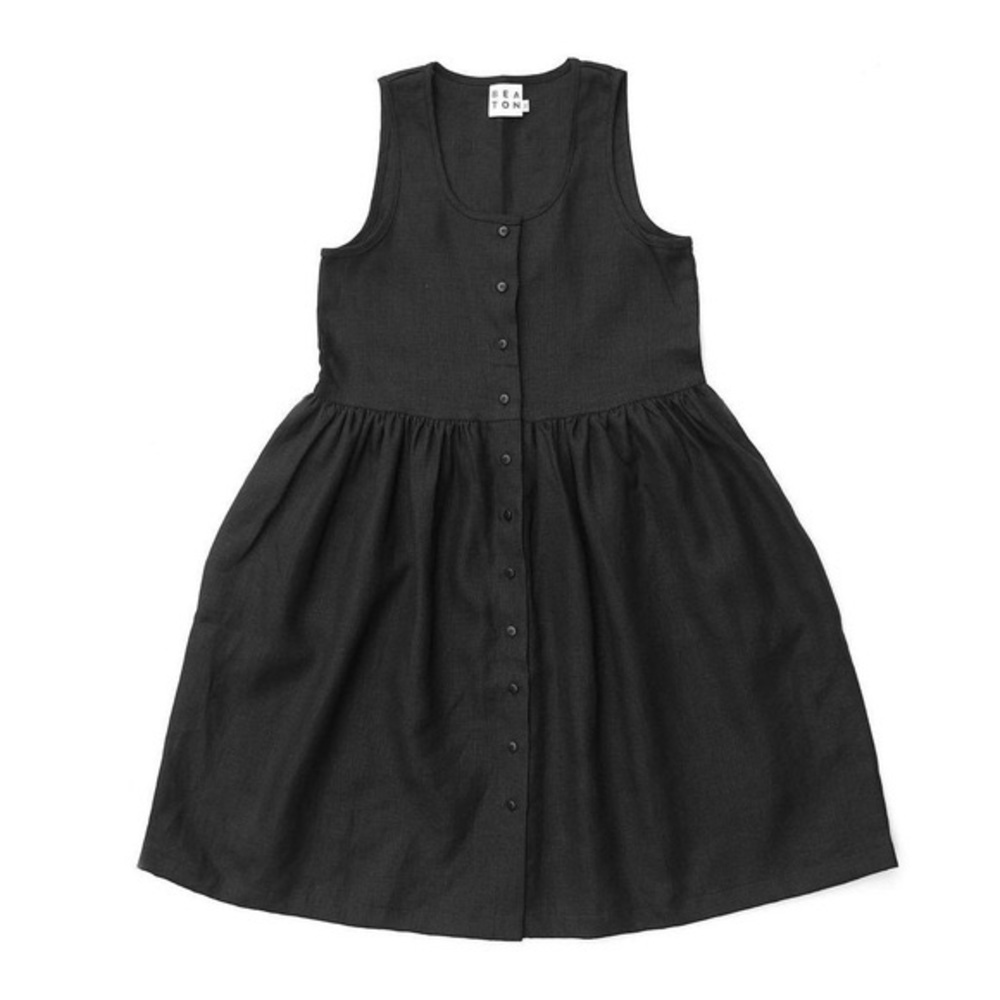 Beaton Linen Sleeveless Gathered Dress Black XS